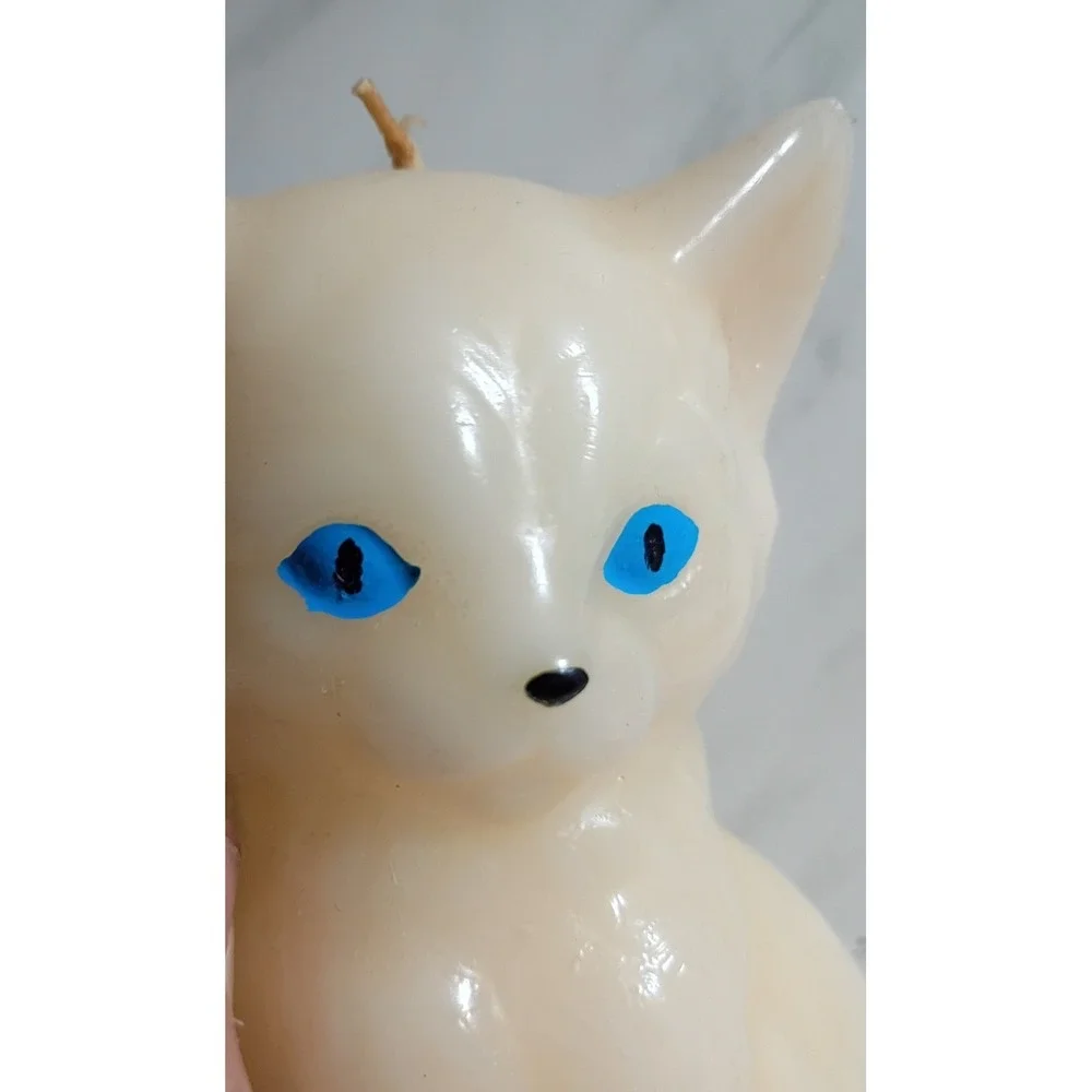 Vintage Kitten Candle Cream White Cat Figurine Blue Eyes Retro Kitsch Decor